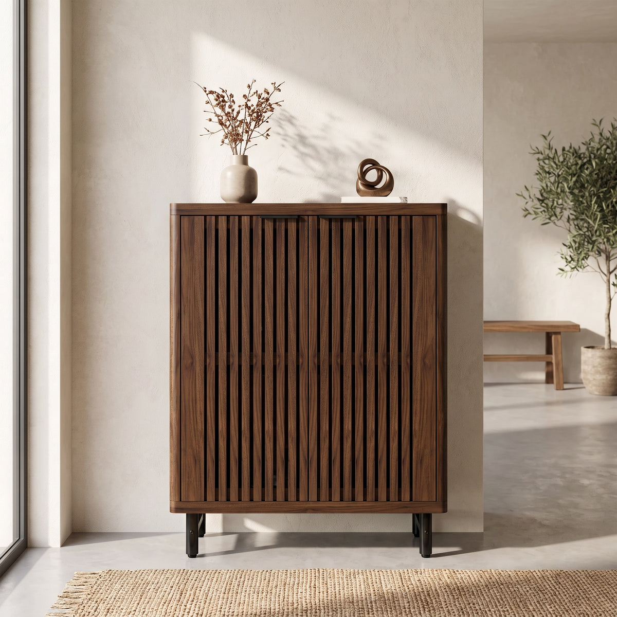 Kingsley Walnut Louvered Shoe Cabinet (33.5")