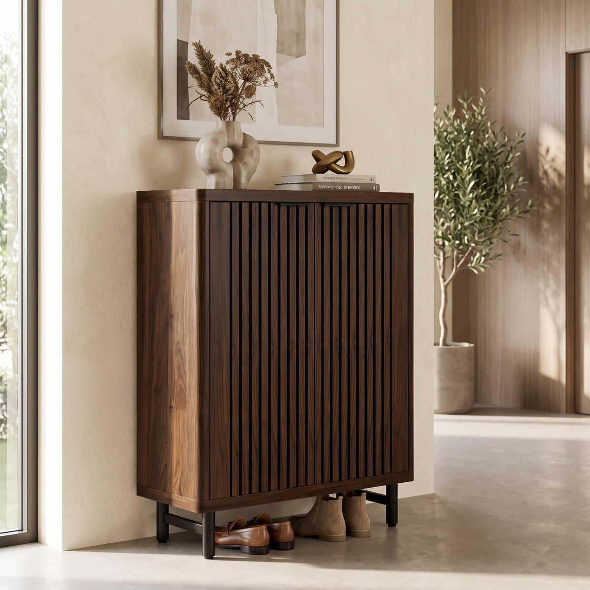 Kingsley Walnut Louvered Shoe Cabinet (33.5")