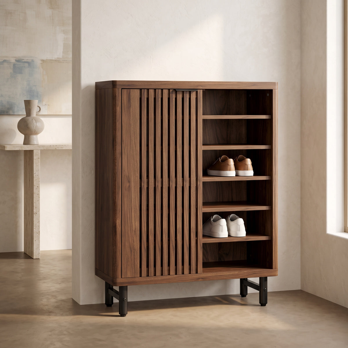 Kingsley Walnut Louvered Shoe Cabinet (33.5")