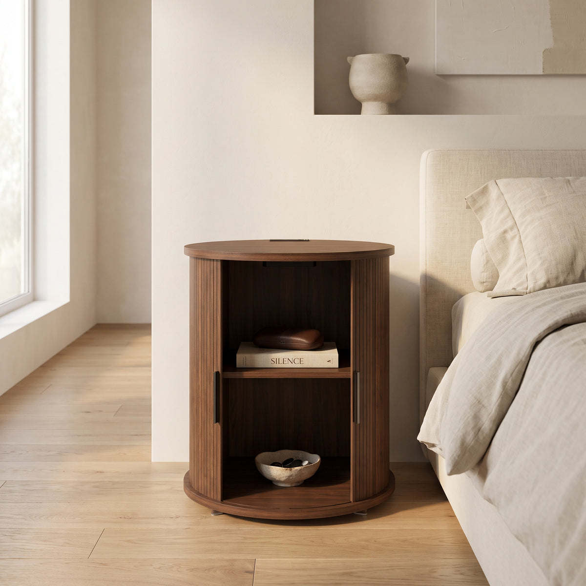 Thalor Walnut-Toned Charging Nightstand