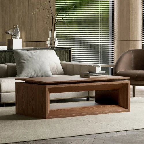 Modern Durable Walnut Lift-Top Coffee Table Solid Wood Veneer MDF Adjustable Height Storage Living Room Furniture