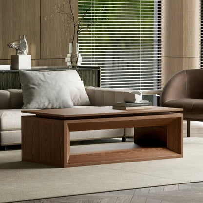 Modern Durable Walnut Lift-Top Coffee Table Solid Wood Veneer MDF Adjustable Height Storage Living Room Furniture