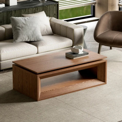 Modern Durable Walnut Lift-Top Coffee Table Solid Wood Veneer MDF Adjustable Height Storage Living Room Furniture
