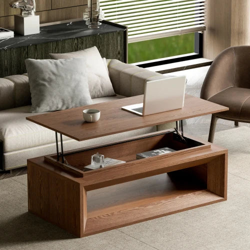 Modern Durable Walnut Lift-Top Coffee Table Solid Wood Veneer MDF Adjustable Height Storage Living Room Furniture