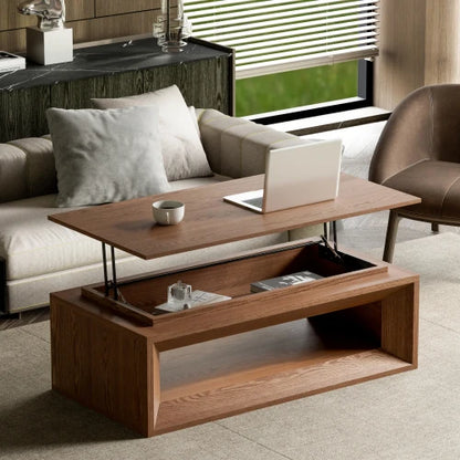 Modern Durable Walnut Lift-Top Coffee Table Solid Wood Veneer MDF Adjustable Height Storage Living Room Furniture