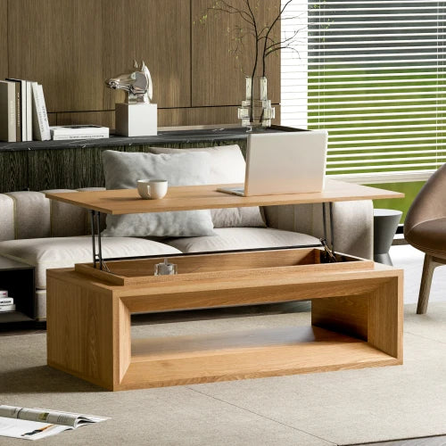 Modern Durable Walnut Lift-Top Coffee Table Solid Wood Veneer MDF Adjustable Height Storage Living Room Furniture