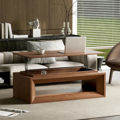 Modern Durable Walnut Lift-Top Coffee Table Solid Wood Veneer MDF Adjustable Height Storage Living Room Furniture