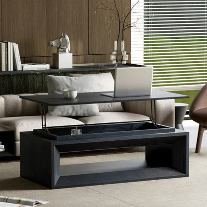 Modern Durable Walnut Lift-Top Coffee Table Solid Wood Veneer MDF Adjustable Height Storage Living Room Furniture