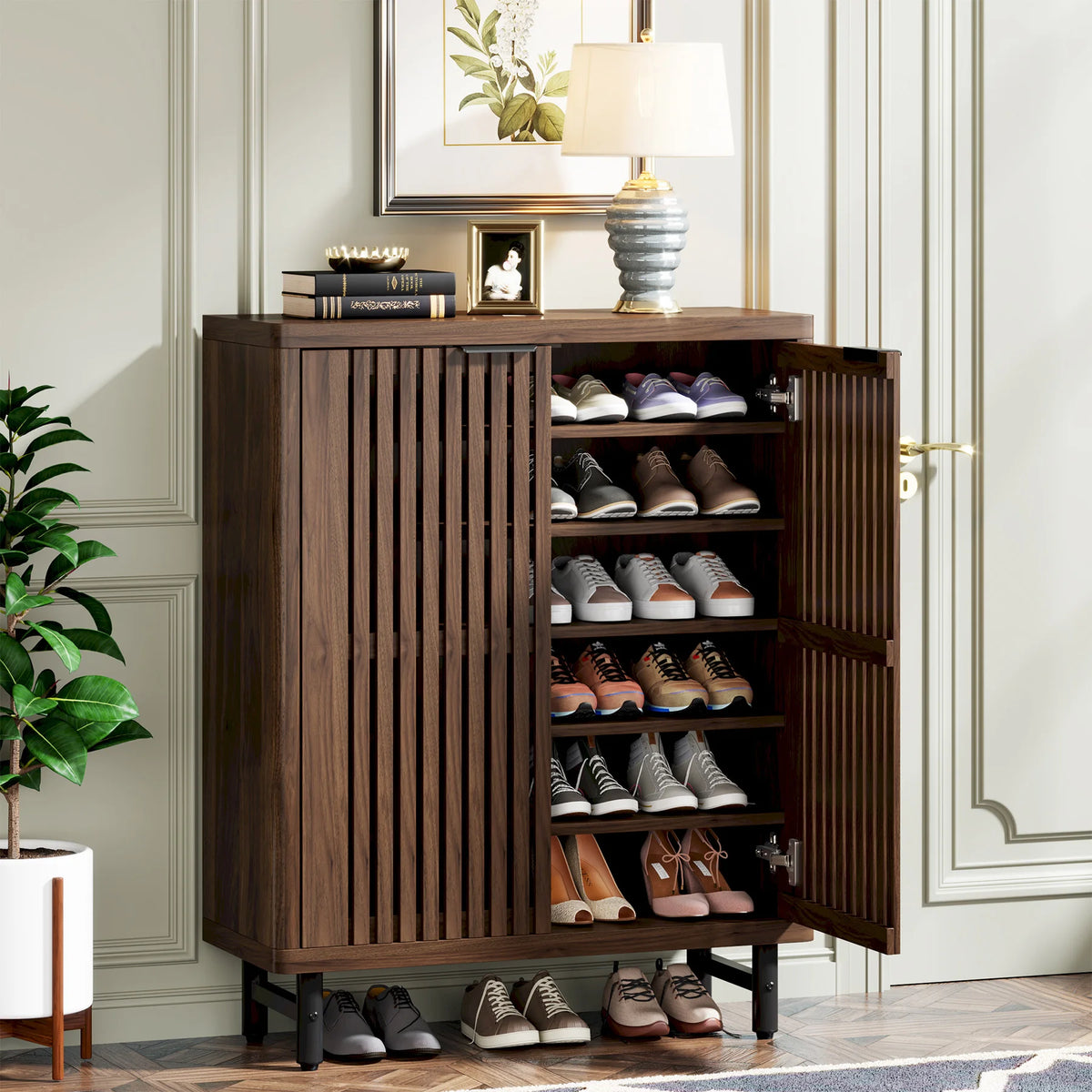 Kingsley Walnut Louvered Shoe Cabinet (33.5")