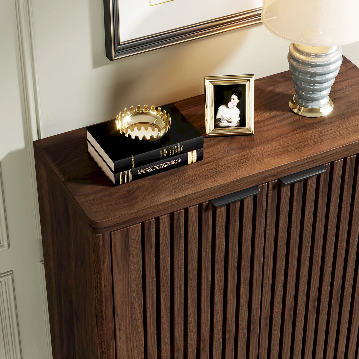 Kingsley Walnut Louvered Shoe Cabinet (33.5")